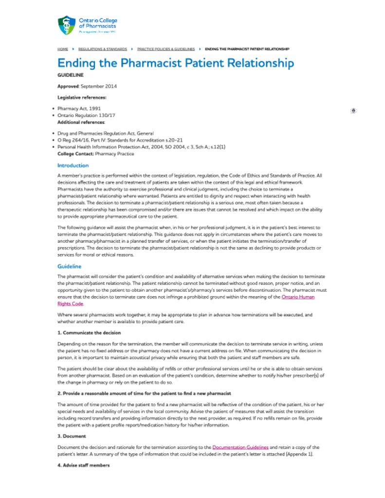 thumbnail of Ending the Pharmacist Patient Relationship – OCPInfo