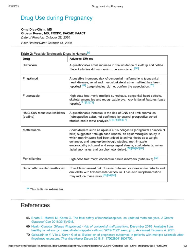 thumbnail of Drug Use during Pregnancy-Possible Teratogenic Drugs in Humans